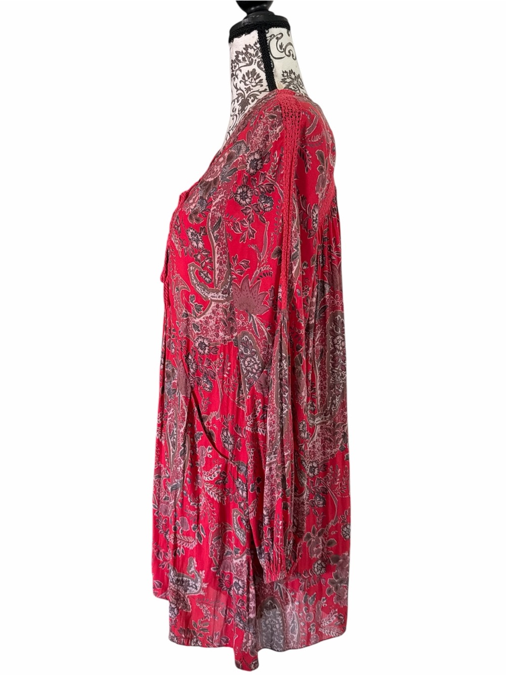 Free People Red Paisley Tie-Front V-Neck Tunic - Picture 4 of 8